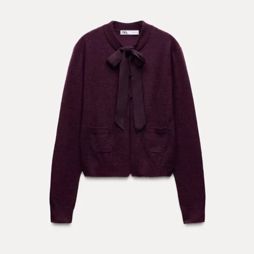 NWT ZARA WOOL AND ALPACA BLEND TIED CARDIGAN EGGPLANT - Picture 3 of 6